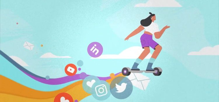 illustration of a person riding a hoverboard through a colorful wave of social media