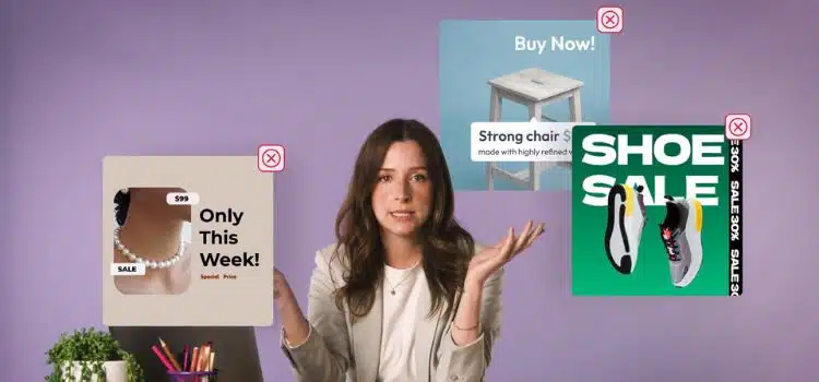 woman sits at a desk with pop-up ads around her