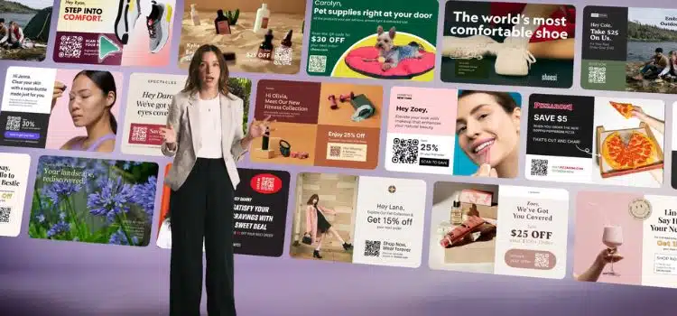 woman stands surrounded by numerous colorful digital ads for products