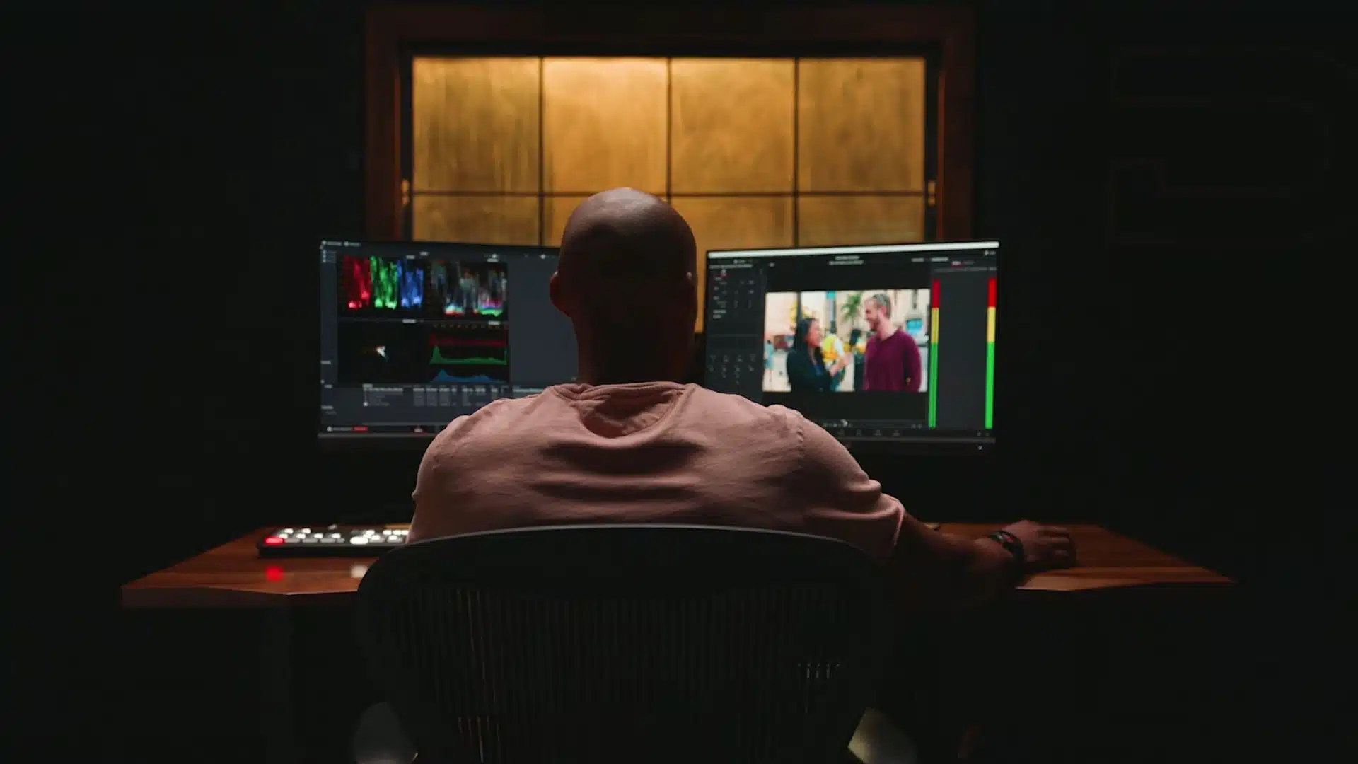 Man reviewing footage on dual monitors