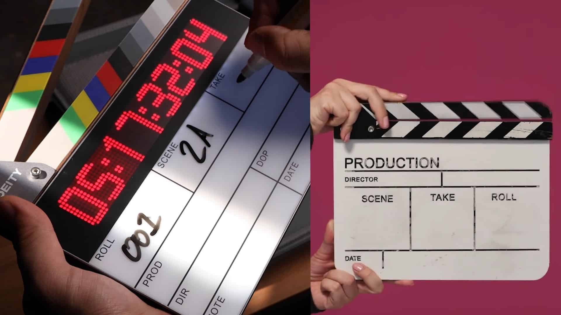 digital smart slate with LED timecode and a traditional dummy slate