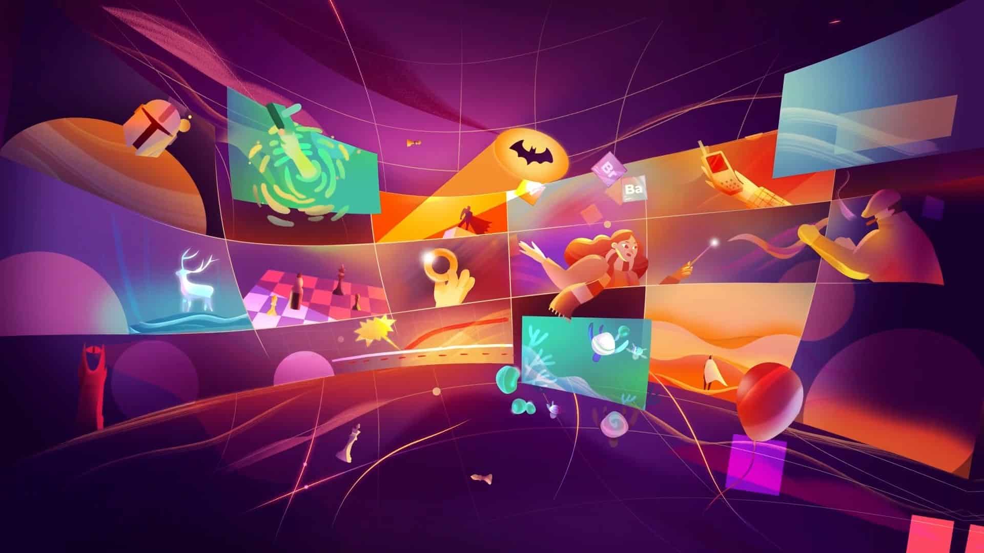 Colorful digital illustration featuring abstract characters, glowing screens, and dynamic motion