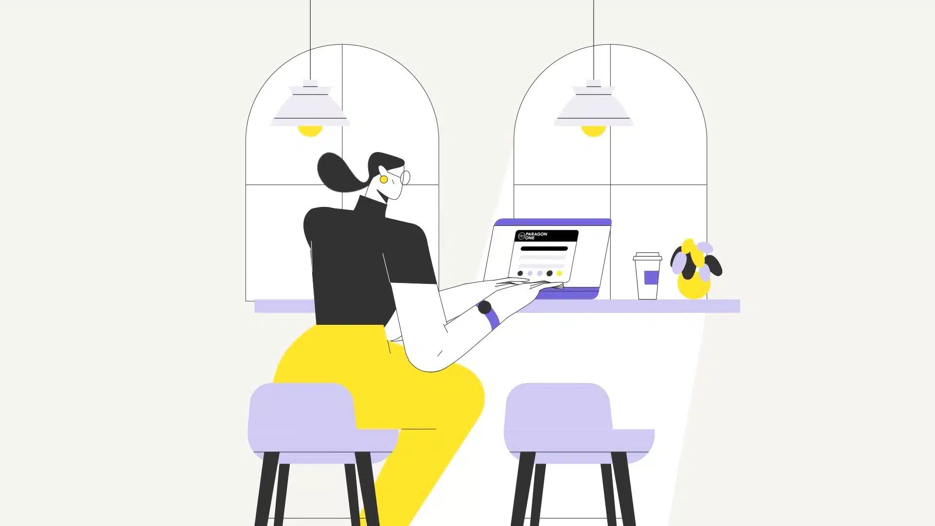 Illustration of a person sitting at a counter using a laptop in a cozy café setting