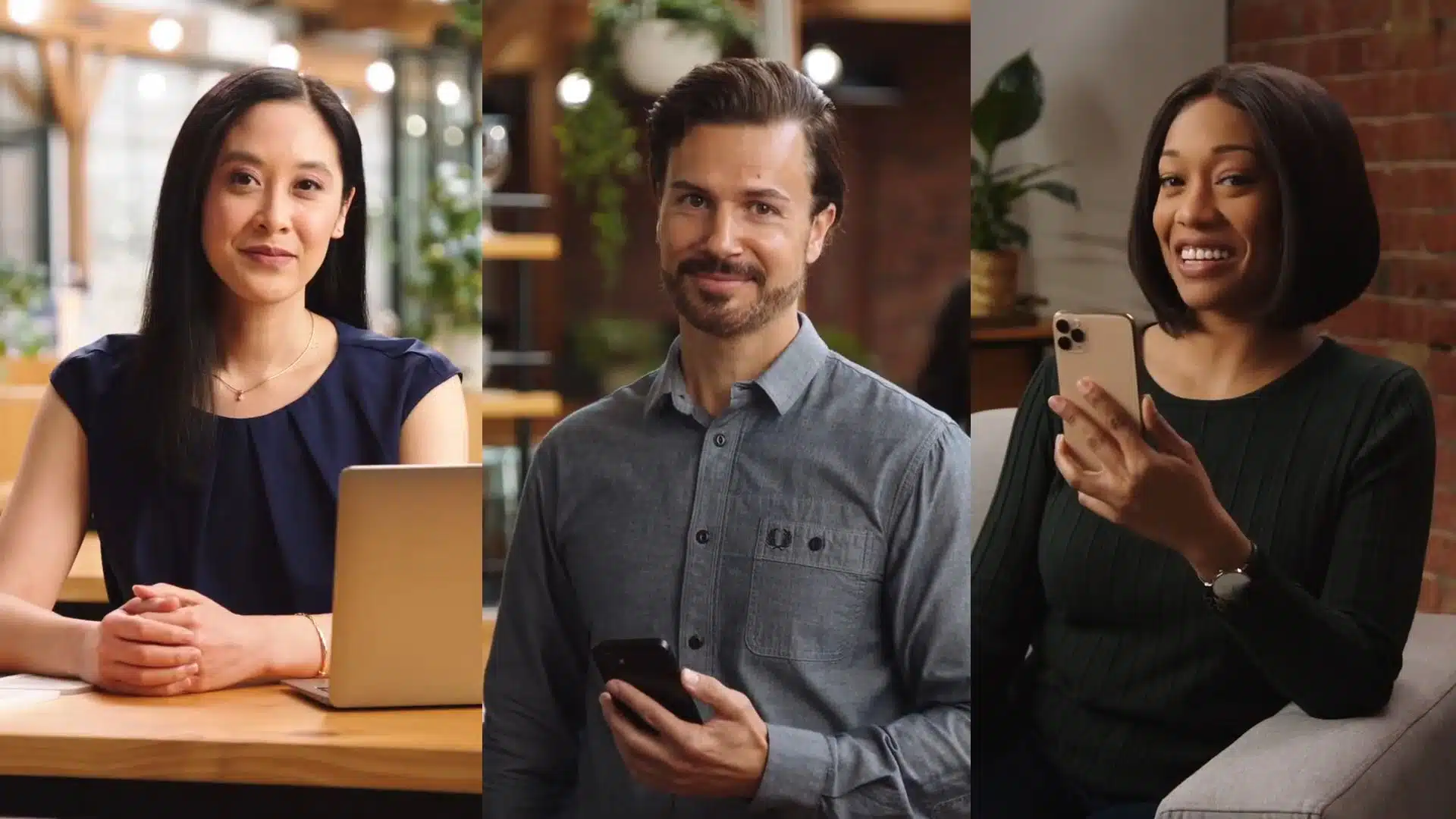 Three person smiling while using digital devices