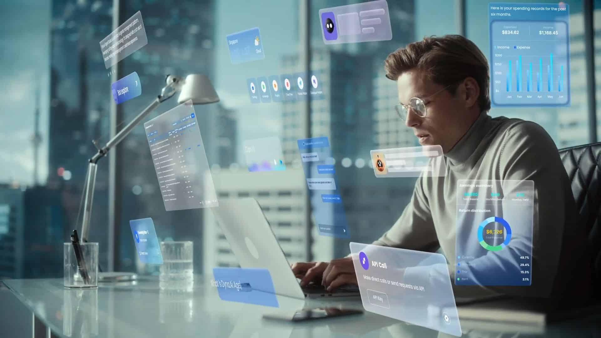 man working on a laptop in a modern office surrounded by floating digital holographic screens