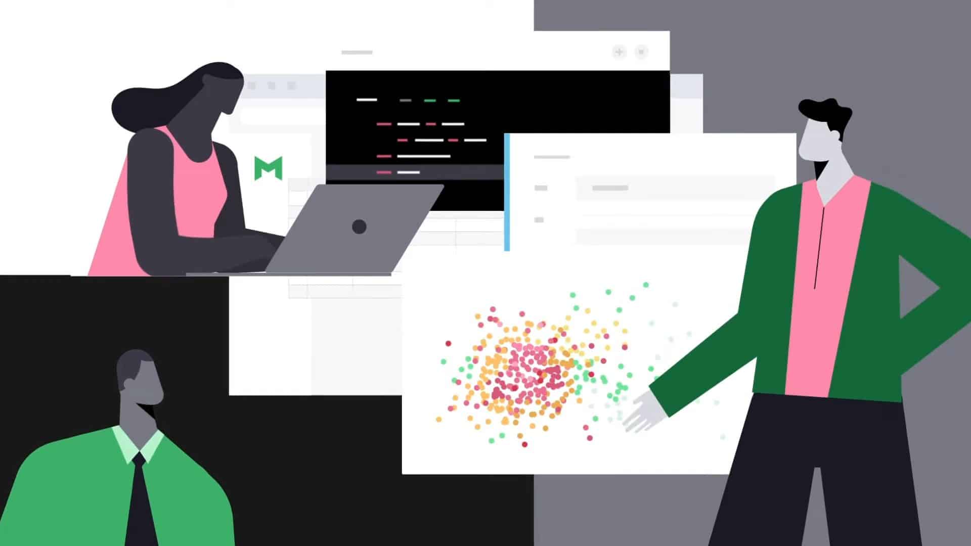 Modern flat vector illustration of three professionals analyzing data visualizations and code